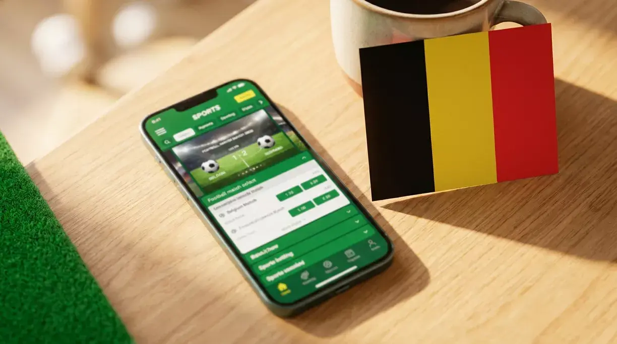 Bancontact kaart naast een smartphone met een Belgische bookmaker-app op het scherm